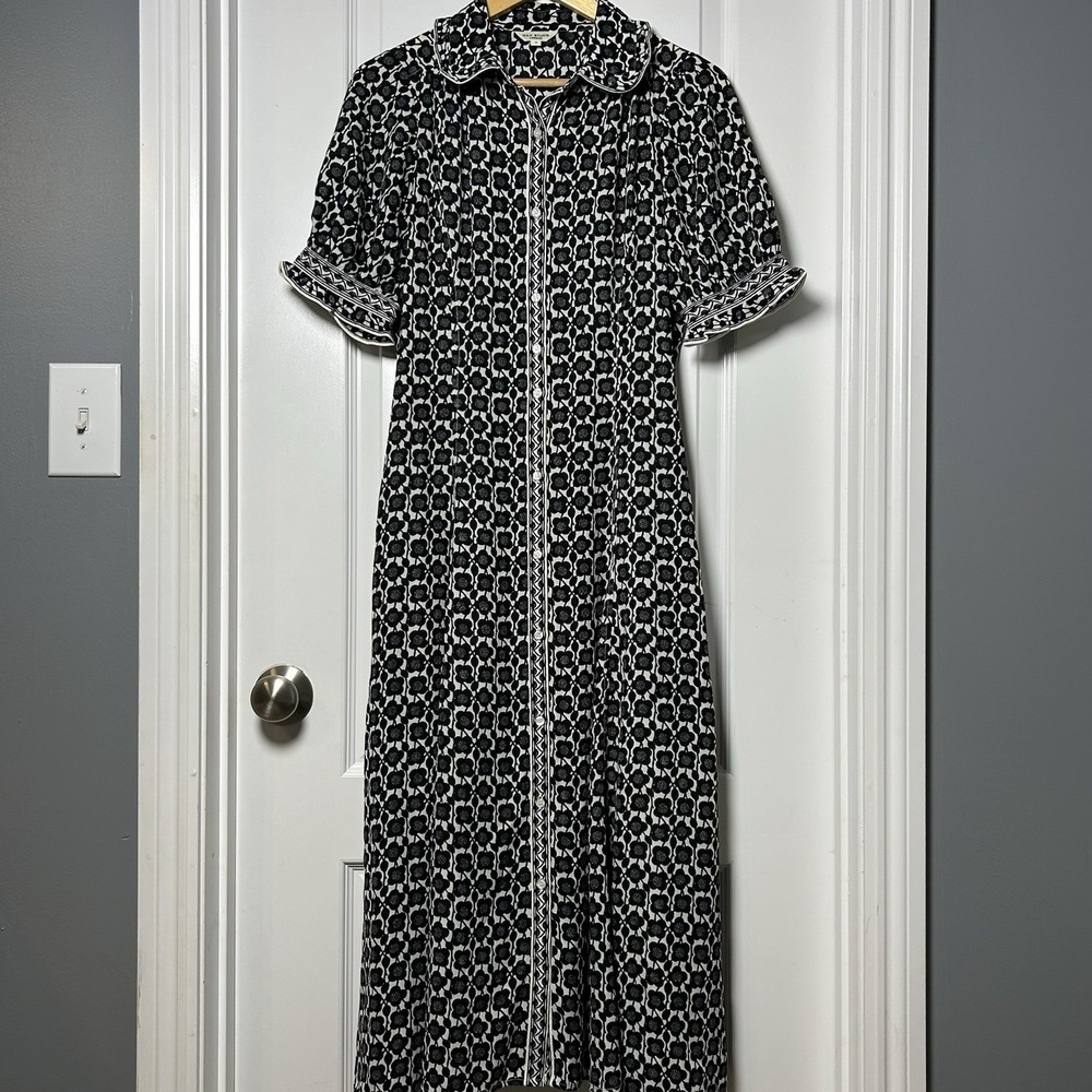 Max Studio London Black White Mod Floral Button Front Maxi Dress Artsy Style
